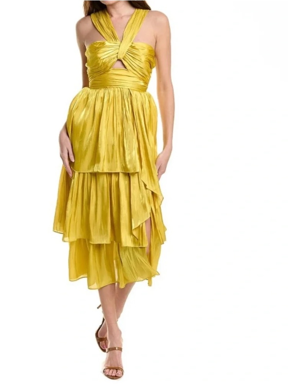 cinq a sept Mustard Yellow Tiered Pleated Strapless Dress